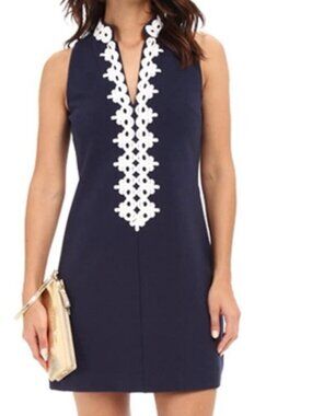 Lilly Pulitzer Navy Blue Callista Ottoman Shift Dress White Lace Trim Size L